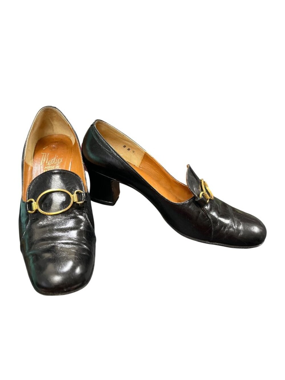 Medici Florence Italy VTG wms black leather gold bit slip dress loafers sz 8B SK